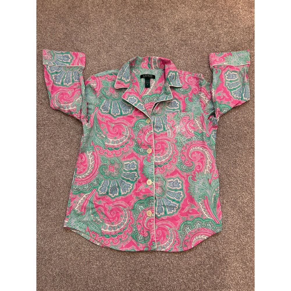 Lauren Ralph Lauren Pajama Top Womens M Pink Green Excellent Paisley Cotton
